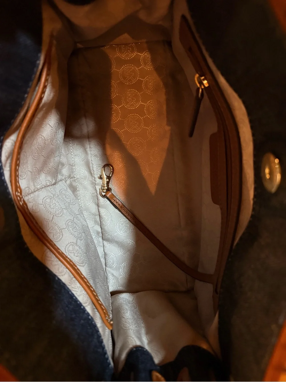 Michael Kors Navy Denim Satchel with Brown Leather Trim & Gold Hardware